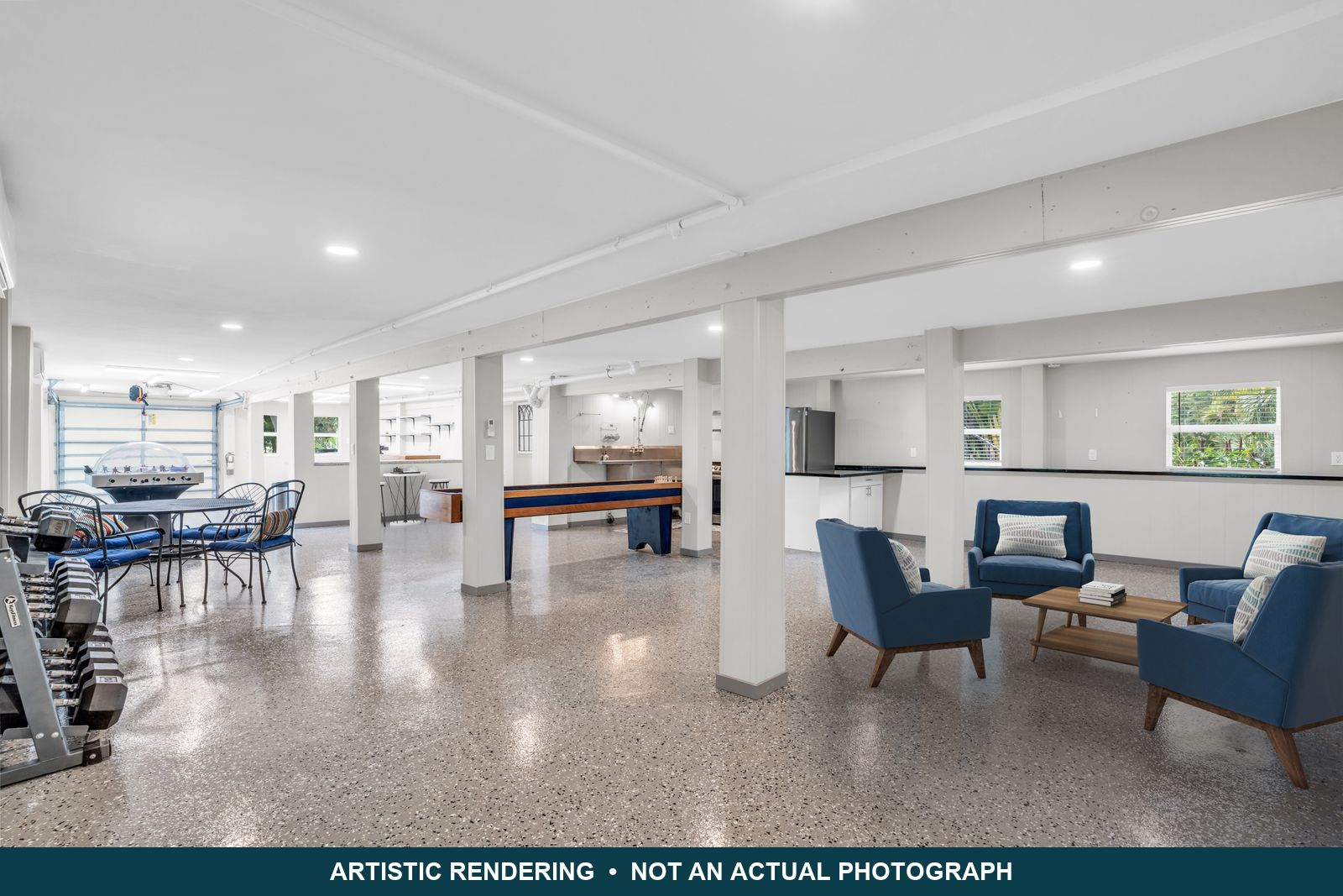 Artistic rendering of the finished lower level with furniture added digitally. Not an actual photograph; the room is sold unfurnished.